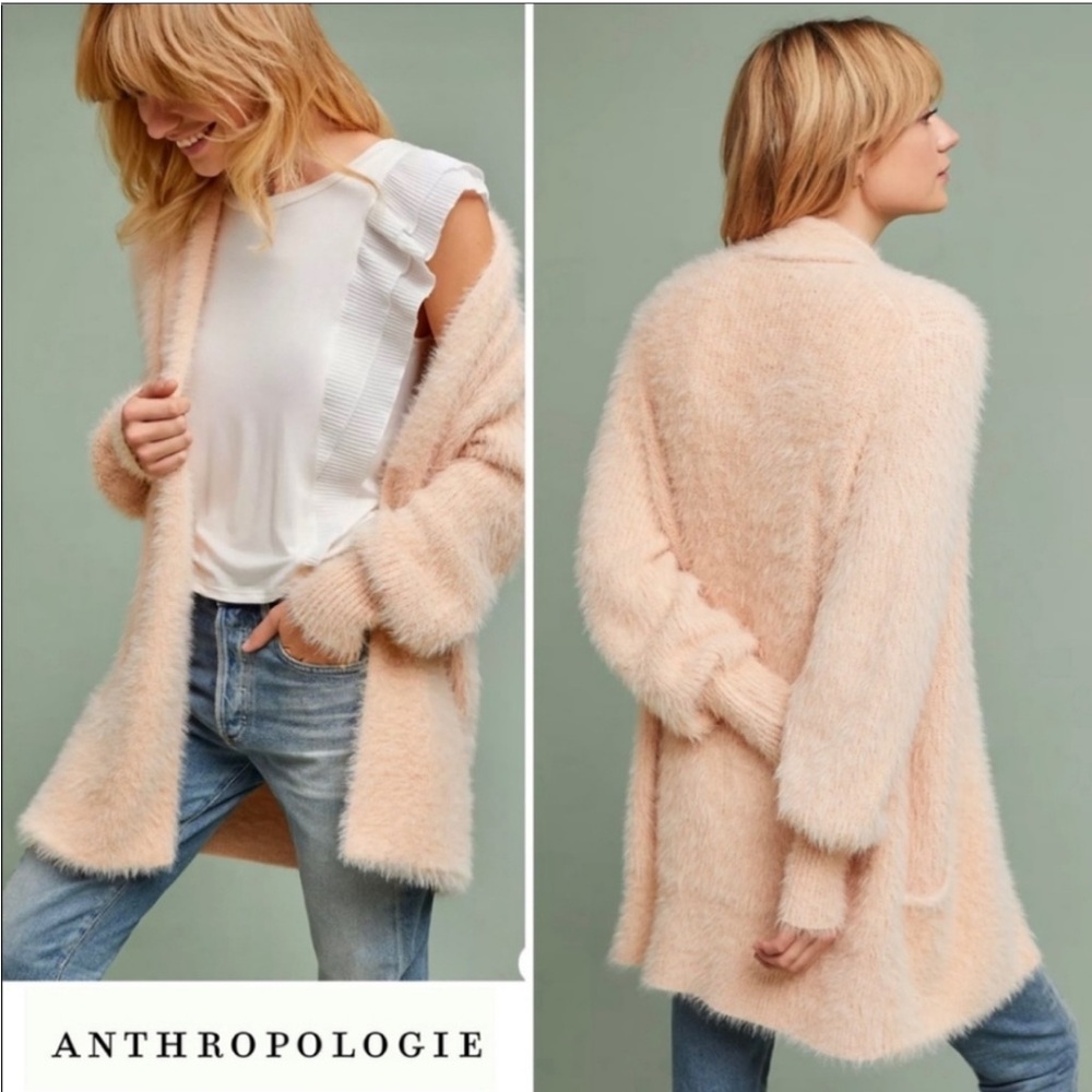 Anthropologie Knitted & Knotted Pink Eyelash Open Front Sweater Cardigan Size XS - Picture 2 of 8